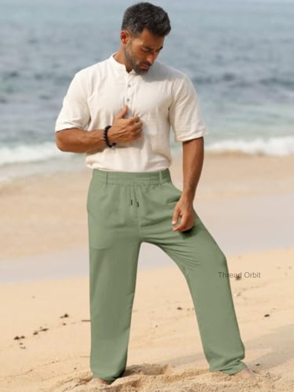 Men's Linen Pants Lightweight Drawstring Elastic Waist Pockets Straight Leg - Picture 3 of 5